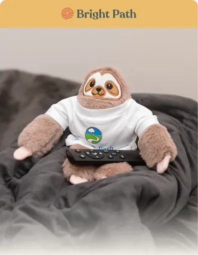 Plush sloth in a Bright Path T-shirt resting on a gray blanket