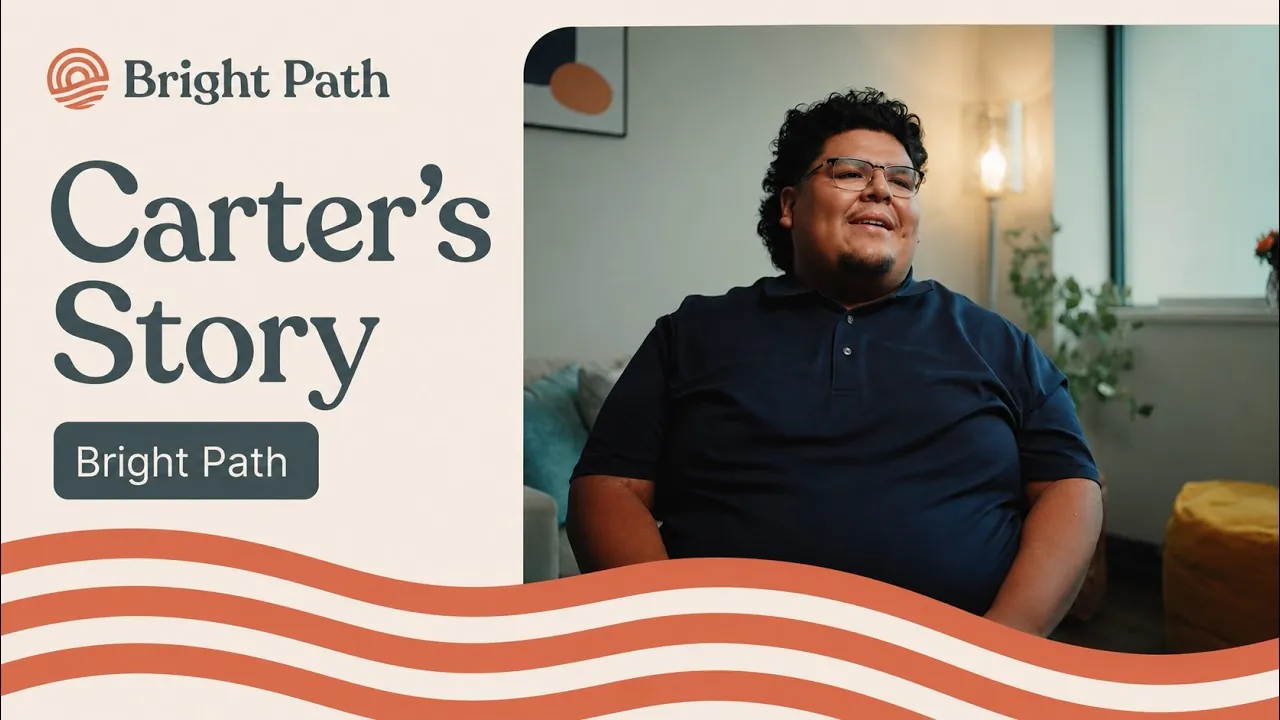 Video: Bright Path, Carter's Story. Thumbnail of Carter Suffridge, a former client in glasses and a navy polo, beside the Bright Path logo and the title Carter's Story